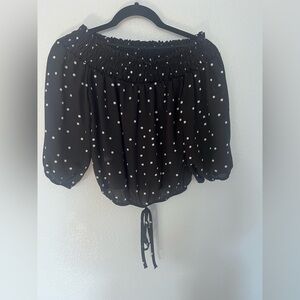 Streetwear Society Black White Polka Dot Peasant Off the Shoulder Top Size Small